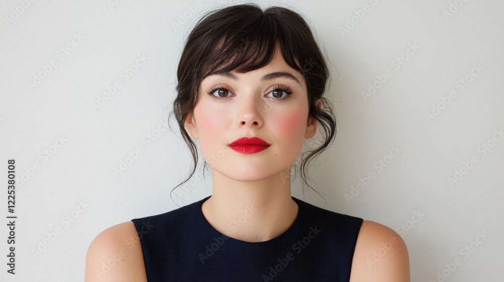 Hairstyle cut modern concept. Confident and Elegant Young Woman with Side Swept Bangs and Low Bun Hairstyle Hairstyle cut modern concept. Confident and Elegant Young Woman with Side Swept Bangs and Low Bun Hairstyle