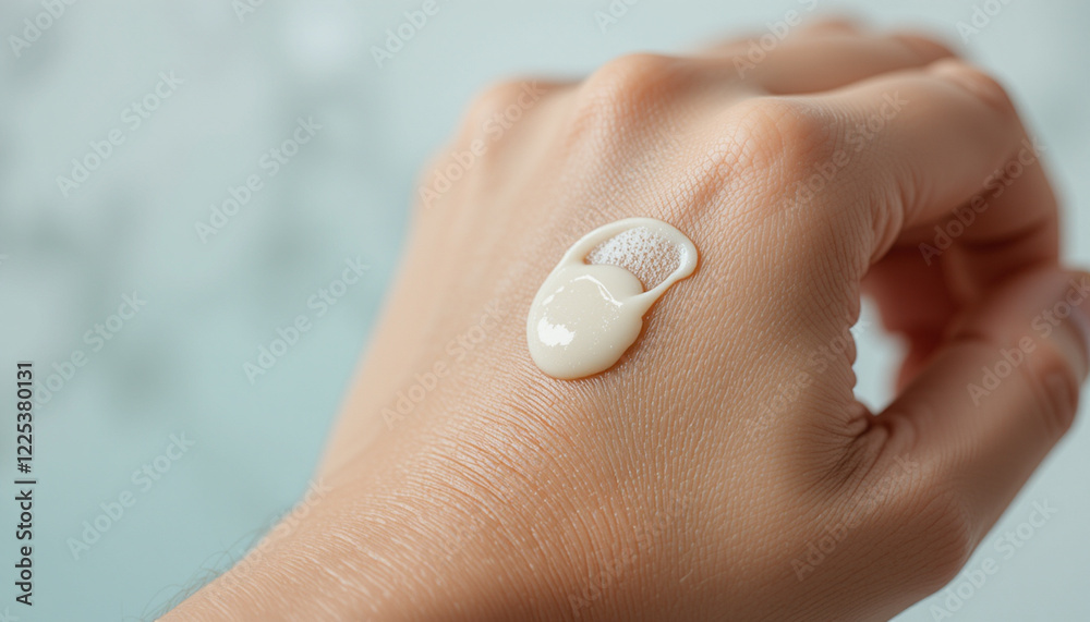 Hand with a small portion of skin cream ready for application. Applying hand cream to the skin Hand with a small portion of skin cream ready for application. Applying hand cream to the skin