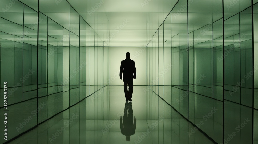 Fototapeta premium Man Walks Through A Green Mirrored Corridor