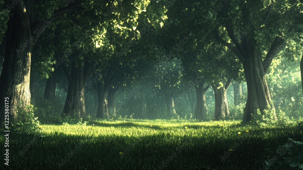 Obraz premium Sunlit Forest Path Grassy Meadow Trees