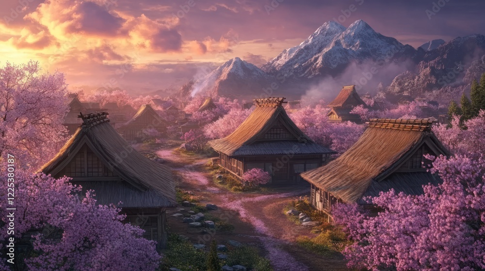 Naklejka premium Serene Mountain Village Amidst Blooming Cherry Trees