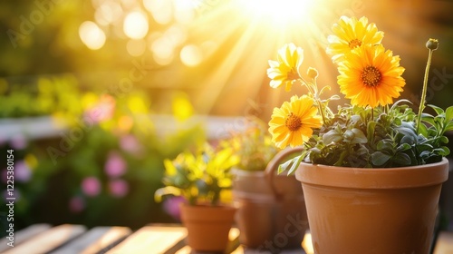 Wallpaper Mural Bright and Vibrant Sunflowers Flourishing in a Rustic Garden Pot Under the Warm Summer Sunlight Torontodigital.ca