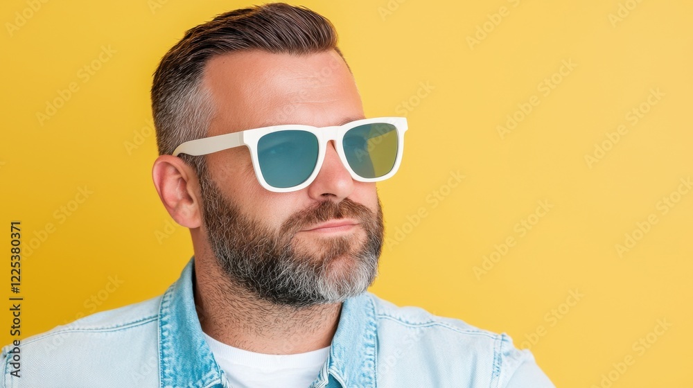 Hairstyle cut modern concept. Confident Bearded Man Wearing Stylish Sunglasses Against Yellow Background Hairstyle cut modern concept. Confident Bearded Man Wearing Stylish Sunglasses Against Yellow Background