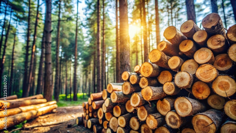 Sunlit Forest Lumber Pile A Close-Up View of Neatly Stacked Logs in a Lush Woodland Setting Sunlit Forest Lumber Pile A Close-Up View of Neatly Stacked Logs in a Lush Woodland Setting
