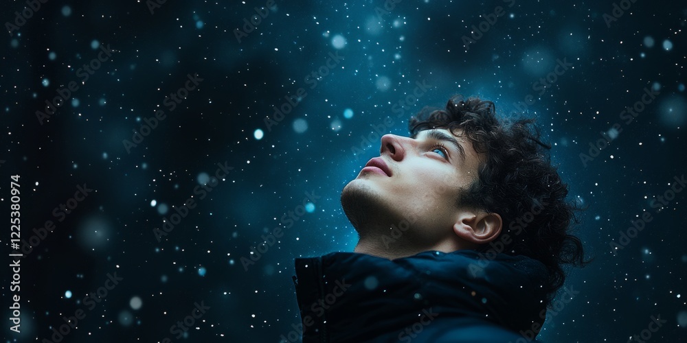 Hopeful man observing falling snowflakes in the dark winter night, expressing a sense of wonder and peace Hopeful man observing falling snowflakes in the dark winter night, expressing a sense of wonder and peace