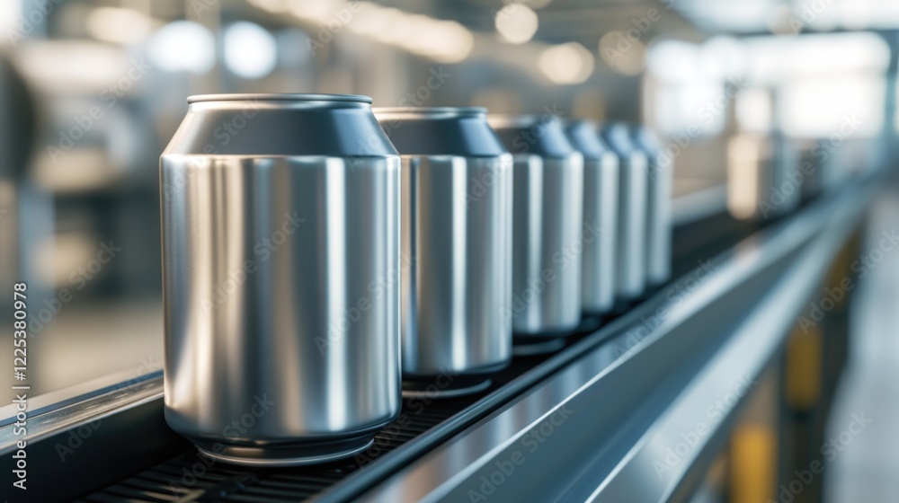 Aluminum beverage cans moving along a sleek conveyor belt in a modern production facility with blurred industrial background and ample empty space for text Aluminum beverage cans moving along a sleek conveyor belt in a modern production facility with blurred industrial background and ample empty space for text