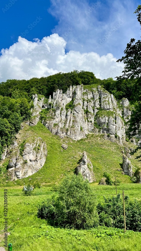 Vertical photo, bottom view of rocks in Ojcowski National Park, Krakow, Poland. Ideal for travel, hiking, nature exploration, or designs emphasizing majestic landscapes and outdoor adventures. Vertical photo, bottom view of rocks in Ojcowski National Park, Krakow, Poland. Ideal for travel, hiking, nature exploration, or designs emphasizing majestic landscapes and outdoor adventures.