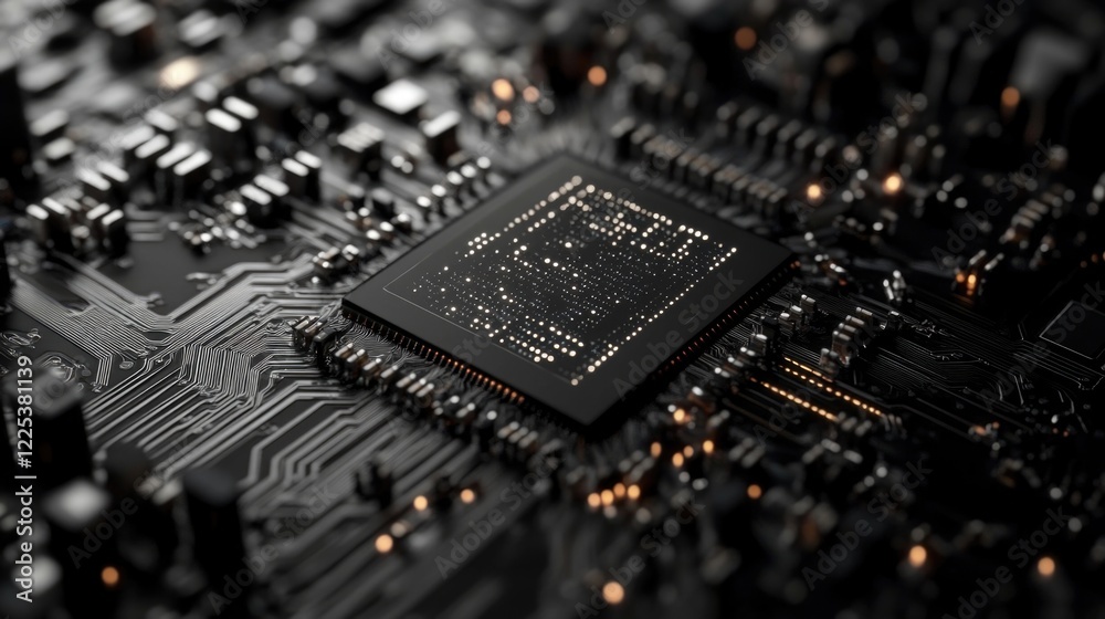 Abstract close-up of a black microchip on a circuit board illuminated by tiny lights representing artificial intelligence and machine learning technologies. Abstract close-up of a black microchip on a circuit board illuminated by tiny lights representing artificial intelligence and machine learning technologies.