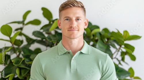 Hairstyle cut modern concept. Smiling Young Man with Crew Cut Hairstyle in Green Shirt and Natural Background