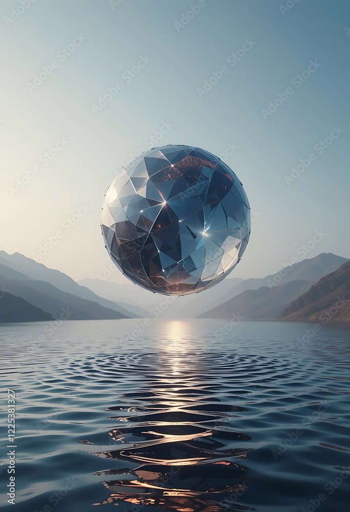 Naklejka premium Geometric Sphere Hovers Over Calm Mountain Lake