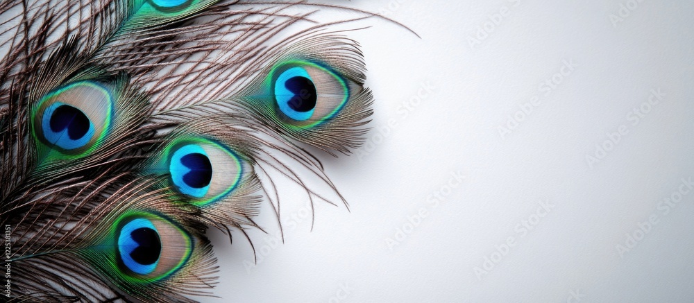 Obraz premium Vibrant multicolored peacock feathers with iridescent blue and green eyes on a neutral white background creating ample copyspace for text insertion.