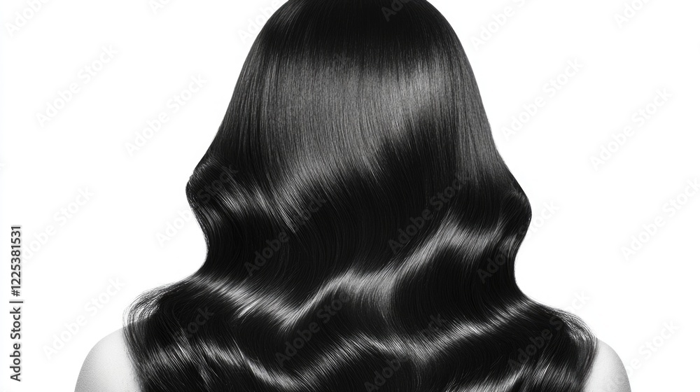 Fototapeta premium Elegant woman showcasing lush, shiny wavy black hair cascading down her back against a clean white background, emphasizing beauty and style.