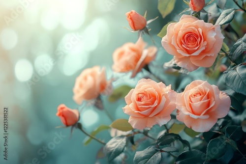 Peach roses blooming in garden with beautiful bokeh and sunlight