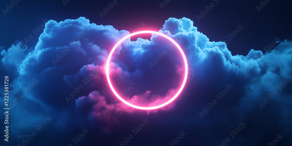 Obraz premium 3d render, abstract cloud illuminated with neon light ring on dark night sk