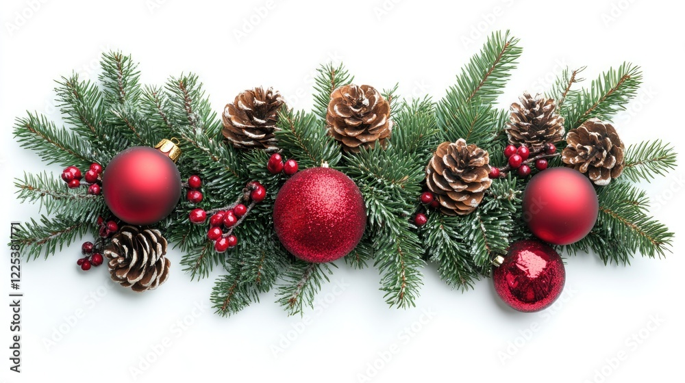 Festive Christmas Evergreen Bough Arrangement with Red and Glittering Ornaments and Pinecones Isolated on White Background Festive Christmas Evergreen Bough Arrangement with Red and Glittering Ornaments and Pinecones Isolated on White Background