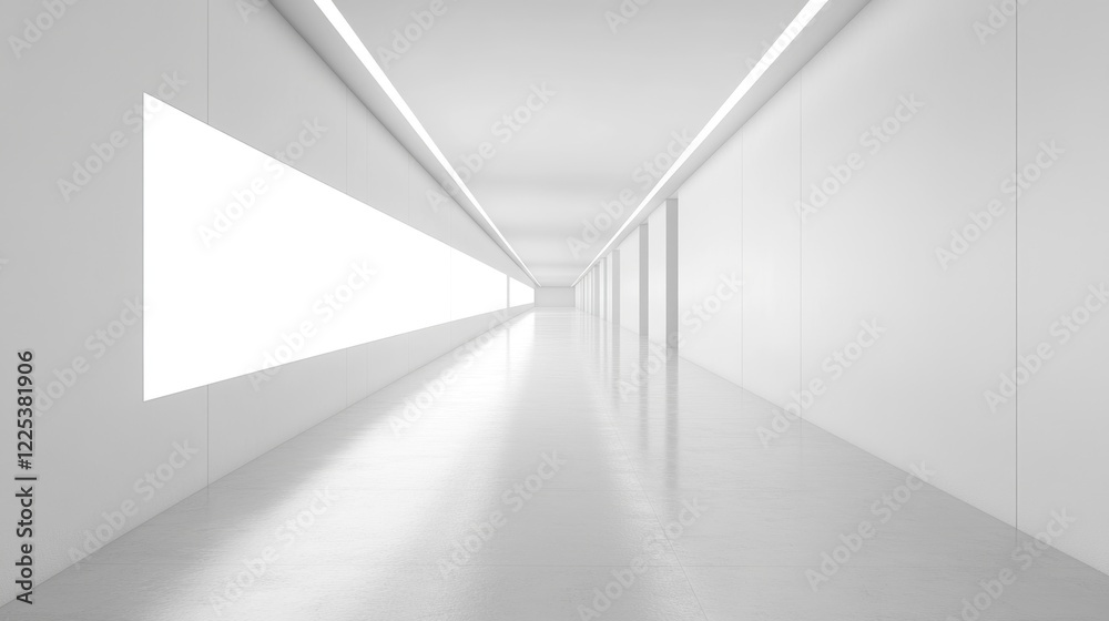 Modern minimalist passageway with white walls and illuminated ceiling, featuring empty whiteboards for collaborative business meetings and ample copy space. Modern minimalist passageway with white walls and illuminated ceiling, featuring empty whiteboards for collaborative business meetings and ample copy space.