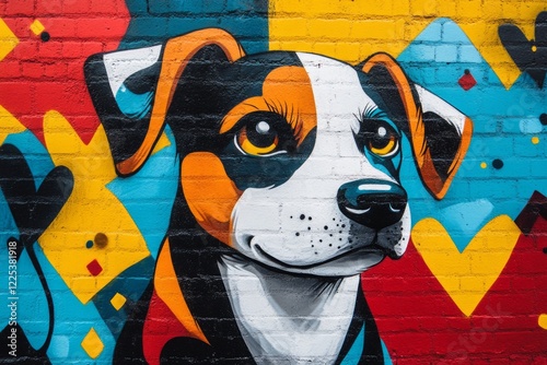 Bright mural of a dog with expressive eyes and vivid colors on a brick wall