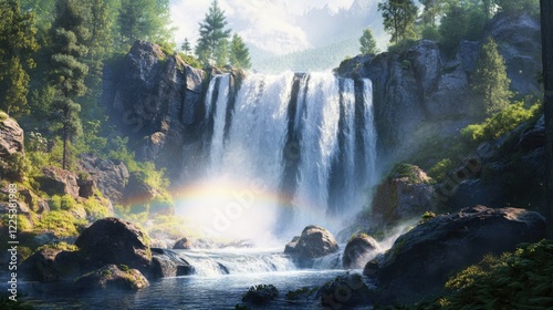 Majestic waterfall cascading over rocky terrain with mist and vibrant rainbow effects, surrounded by a lush serene forest landscape, nature's tranquility.
