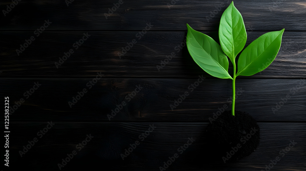 Naklejka premium A vibrant green plant sprouting from dark soil against a black wooden background, symbolizing growth and renewal.