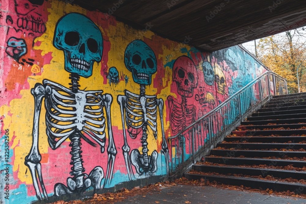 Obraz premium Vibrant skeleton graffiti brightens a city underpass with bold colors