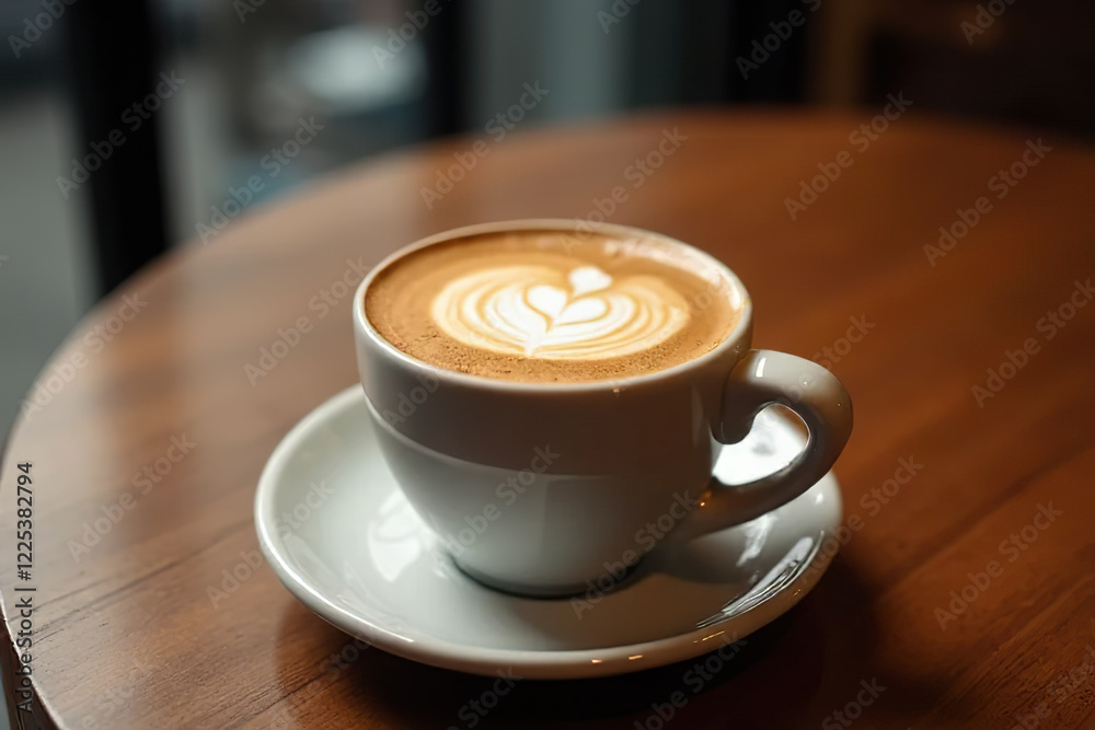 cup of latte with heart shaped latte art on wooden table in cozy cafe cup of latte with heart shaped latte art on wooden table in cozy cafe