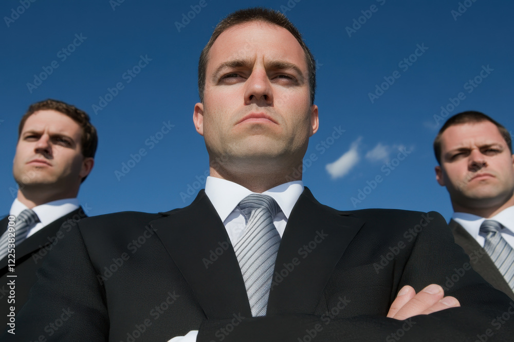 Three men in suits are standing together, one of them with his arms crossed Three men in suits are standing together, one of them with his arms crossed