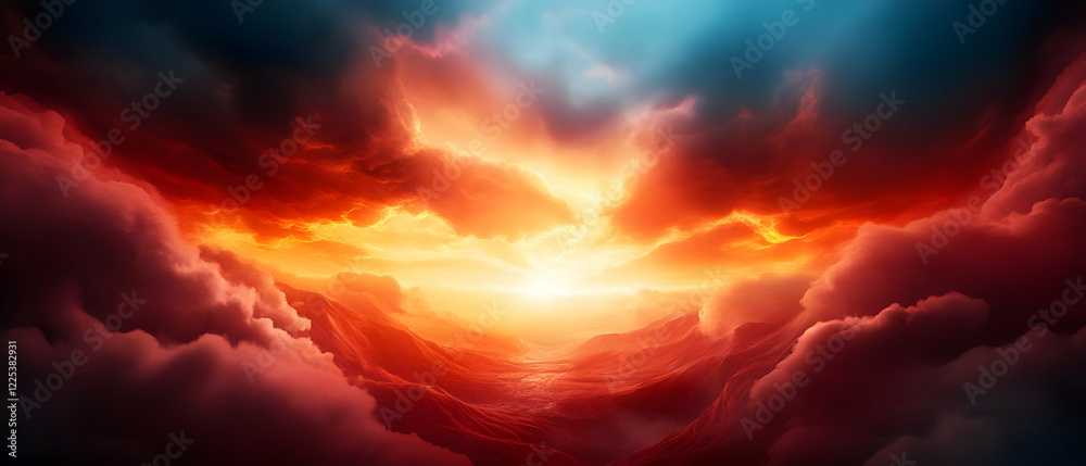 Fototapeta premium A vibrant sunset illuminating clouds across the horizon, creating a breathtaking and serene atmosphere.