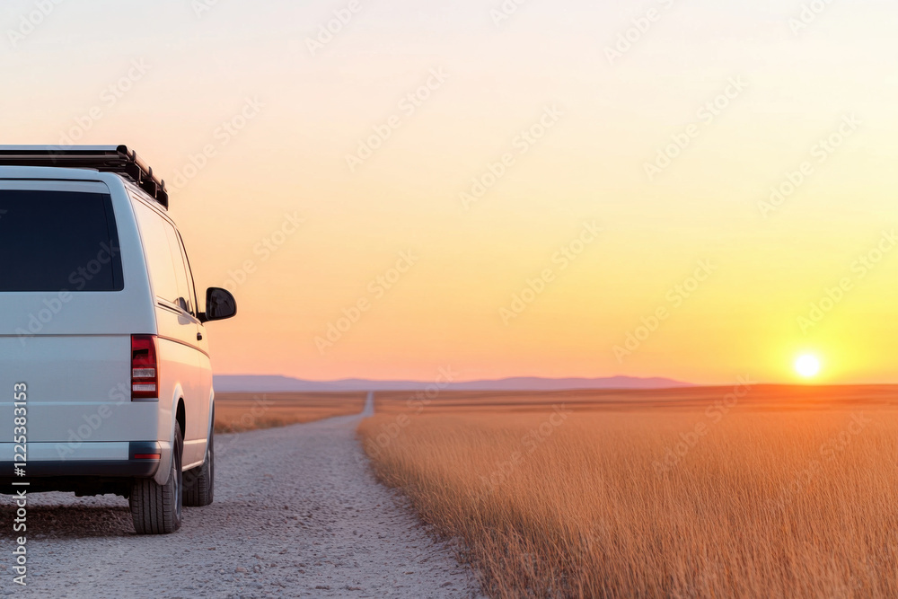 Fototapeta premium A white van is parked on a dirt road in a field