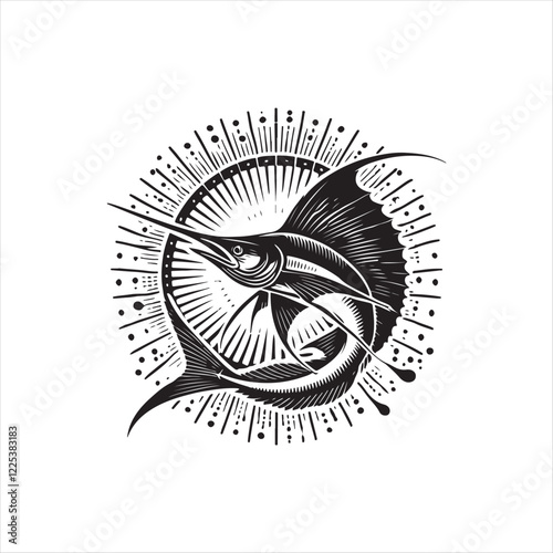 Black Color Swordfish silhouette design Vector Illustration, Solid White Background (3).eps