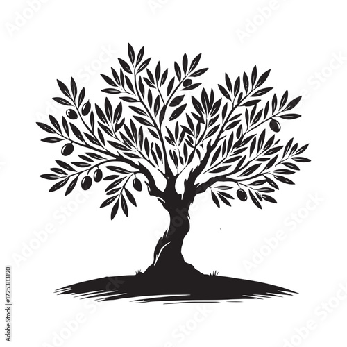 Olive Tree silhouette with detailed, curved branches for creative artwork - Olive tree silhouette - Olive tree vector - Olive tree illustration - Olive silhouette - Olive vector
