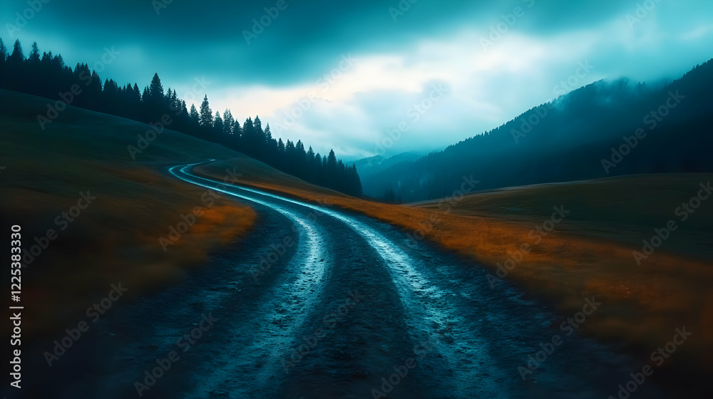 Fototapeta premium A winding rural path through a moody landscape, surrounded by hills and evergreen trees under cloudy skies.