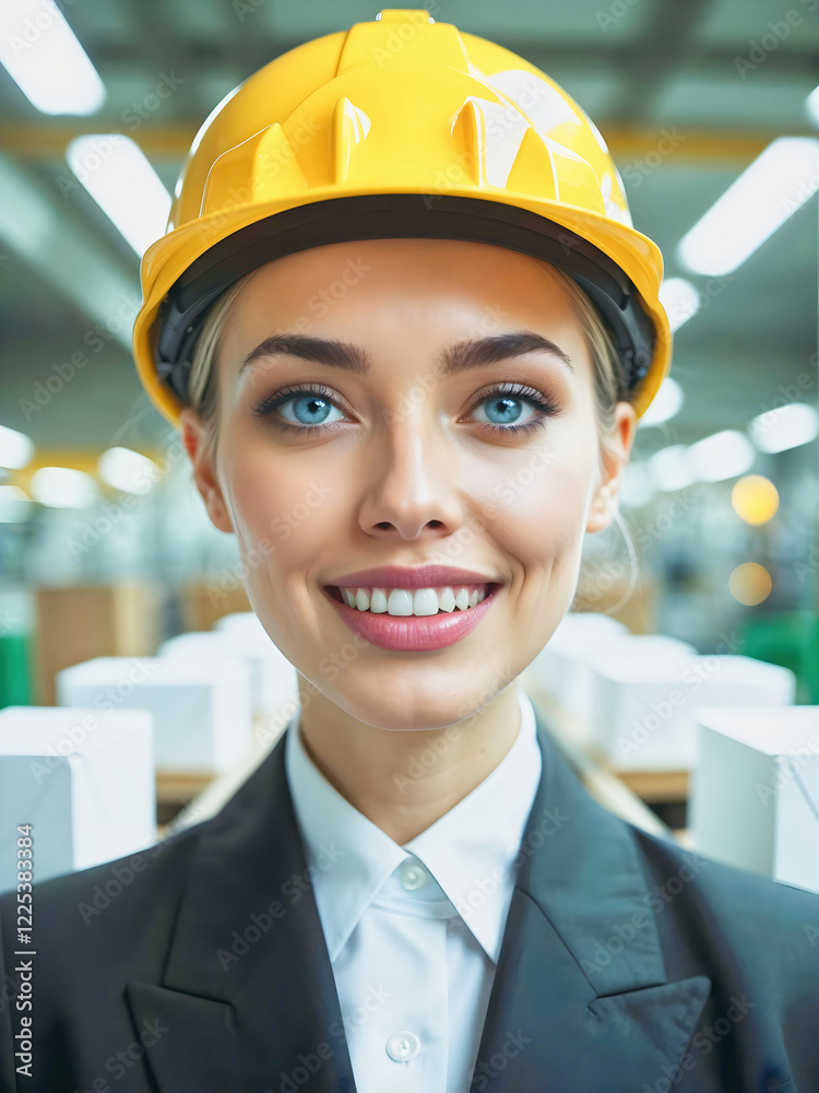 Portrait of beautiful business woman in yellow hard hat smiling, factory background, workplace female manager