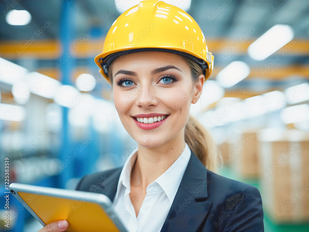 Portrait of beautiful business woman in yellow hard hat smiling, factory background, workplace female manager