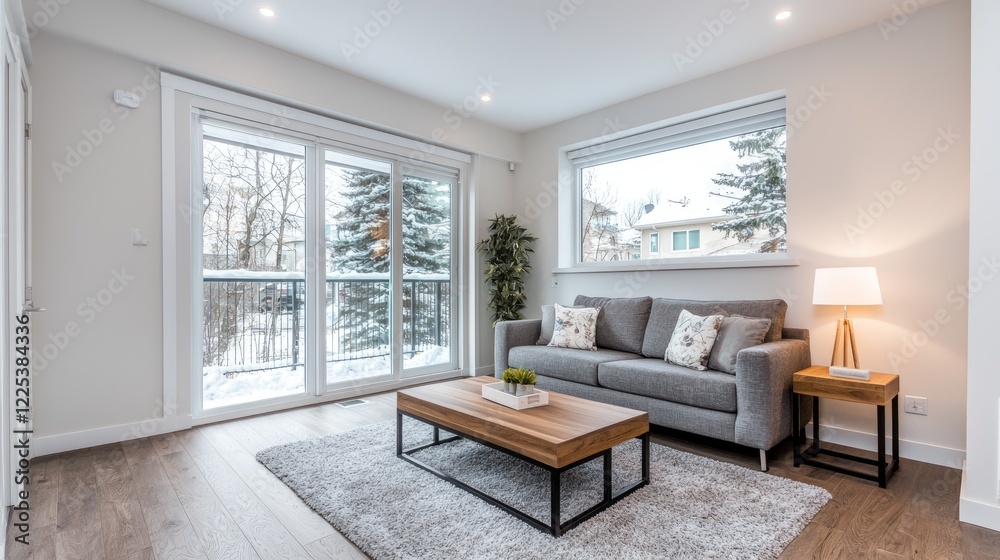 Fototapeta premium Modern living room with patio doors, snowy view, cozy furniture, for real estate listings