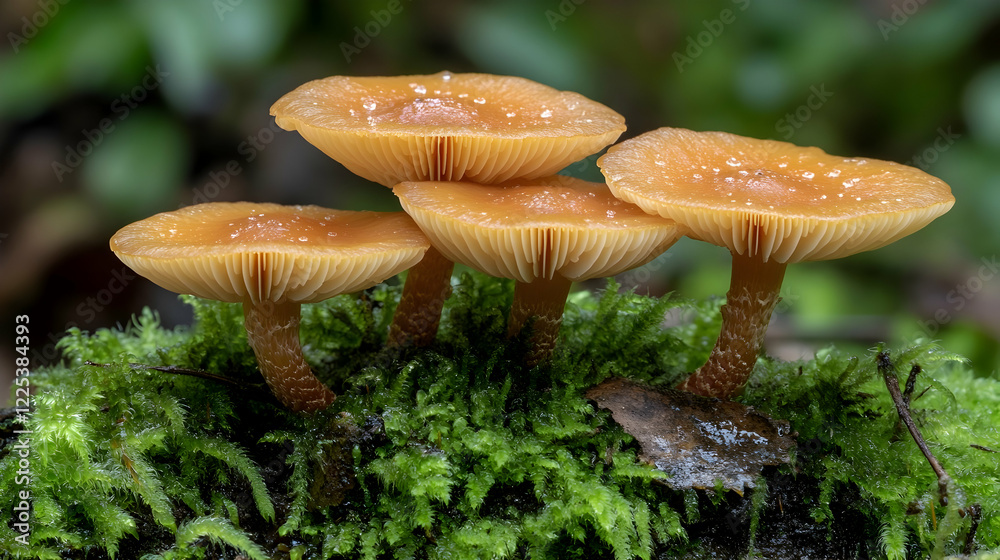 Close-Up of Vibrant Orange Mushrooms Growing Among Green Moss in a Forest Setting Close-Up of Vibrant Orange Mushrooms Growing Among Green Moss in a Forest Setting