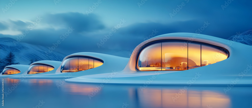 Obraz premium Futuristic architecture features sleek designs with glowing windows against a serene evening backdrop.