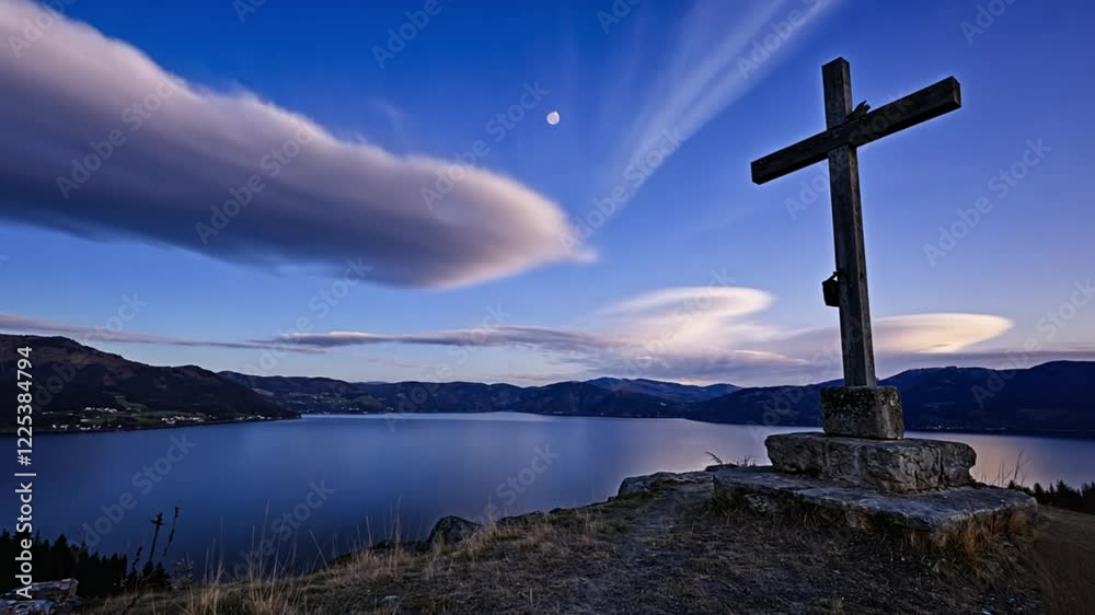 Rolling clouds are mirrored in a serene lake at the foot of Calvary Hill, with the Cross perfectly centered. The ripples in the water move in sync with the clouds Rolling clouds are mirrored in a serene lake at the foot of Calvary Hill, with the Cross perfectly centered. The ripples in the water move in sync with the clouds