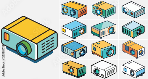 Colorful Isometric Projector Icon Set , Modern Digital Projection Design,colorful projector Icons Set