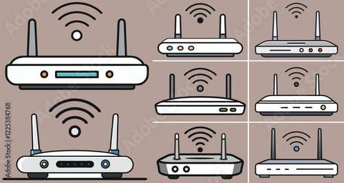  Modern Wireless Routers with Wifi Signal Icons Set,wifi icons Vector Set,wireless router Set