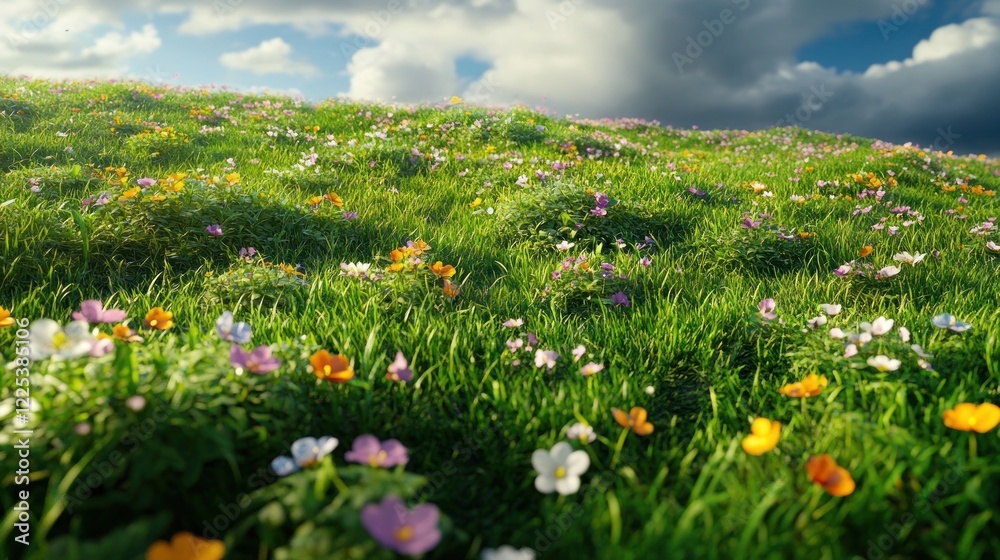 Colorful wildflowers bloom across a grassy hillside under a cloudy sky Colorful wildflowers bloom across a grassy hillside under a cloudy sky