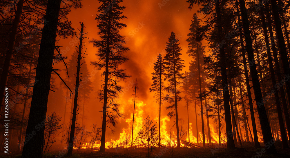 Fiery Forest Inferno: Wildfire Engulfs Pine Trees at Night