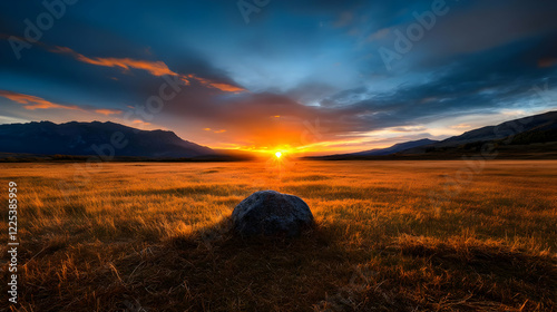 Stunning sunset over a serene landscape, showcasing vibrant colors and tranquil beauty of nature. photo