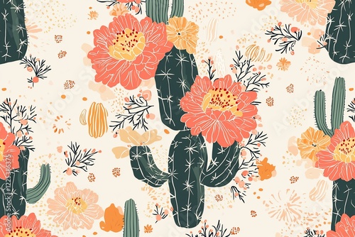 Wallpaper Mural Vibrant floral and cactus pattern featuring colorful flowers and greenery on a light background Torontodigital.ca