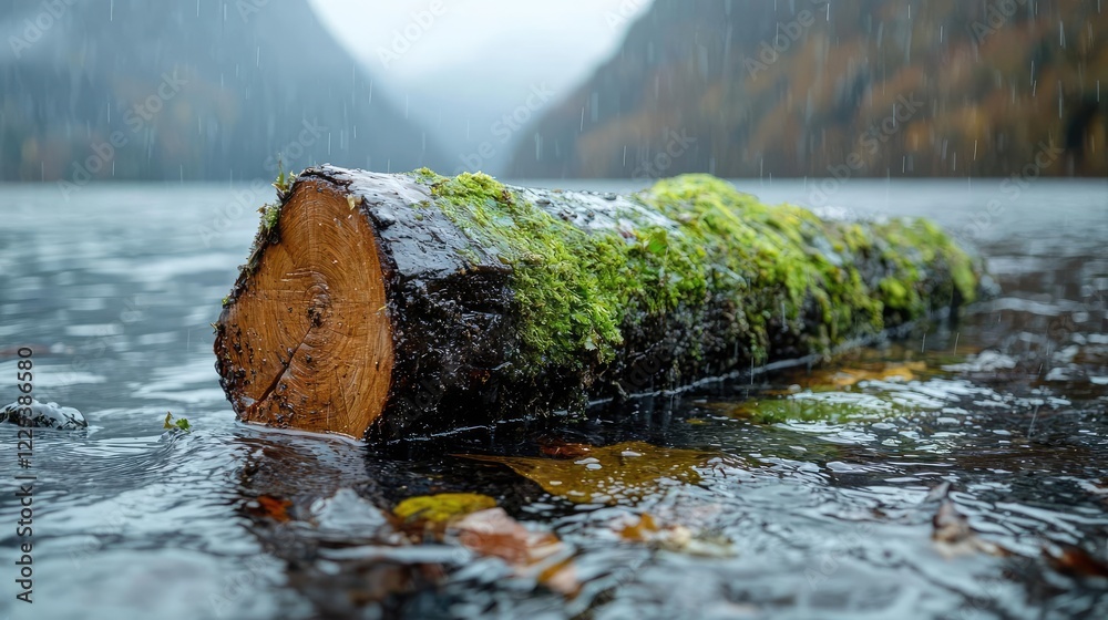 Mossy log floats on rainy lake, mountains backdrop; nature scene Mossy log floats on rainy lake, mountains backdrop; nature scene