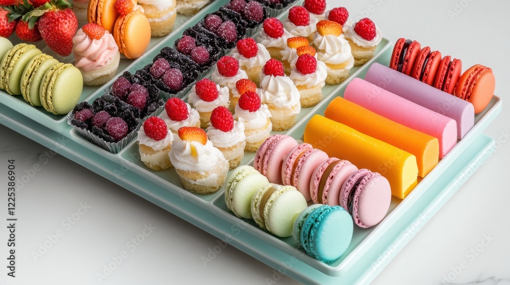 A tiered tray filled with assorted cake slices, macarons, and fruit tarts. A tiered tray filled with assorted cake slices, macarons, and fruit tarts.