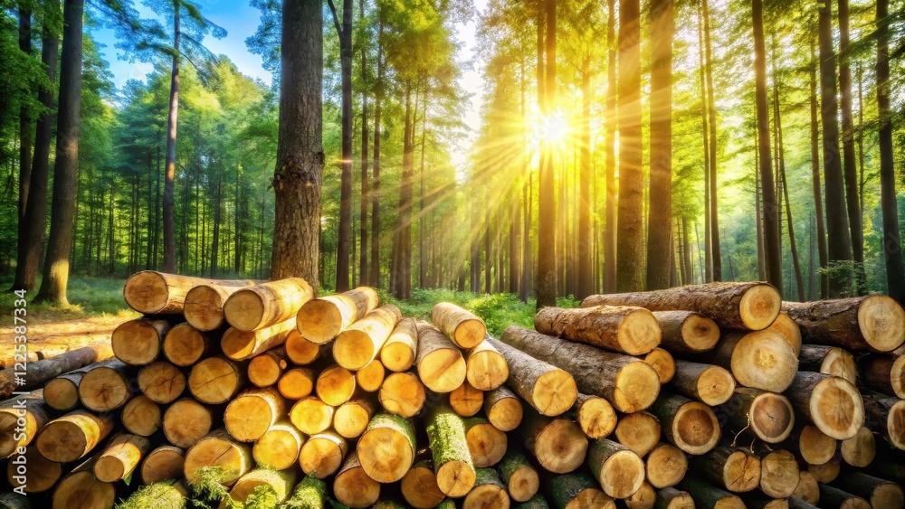 Sunlit Forest with Stacked Logs Ready for Transport Sunlit Forest with Stacked Logs Ready for Transport