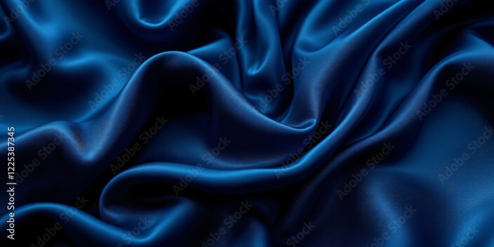 A high-quality close-up shot of flowing, deep blue satin fabric