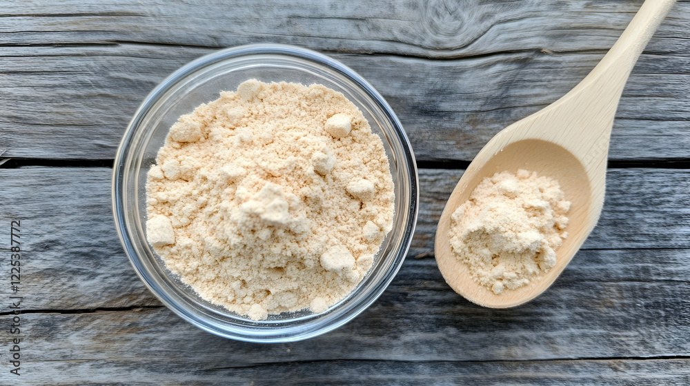Fine Powder in Glass Bowl and Wooden Spoon on Rustic Wooden Surface for Food Photography Fine Powder in Glass Bowl and Wooden Spoon on Rustic Wooden Surface for Food Photography