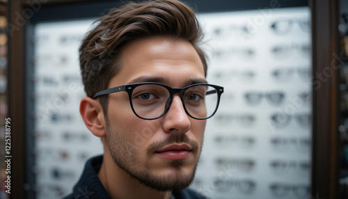 Customer trying on new glasses at optical store for perfect vision and style. photo