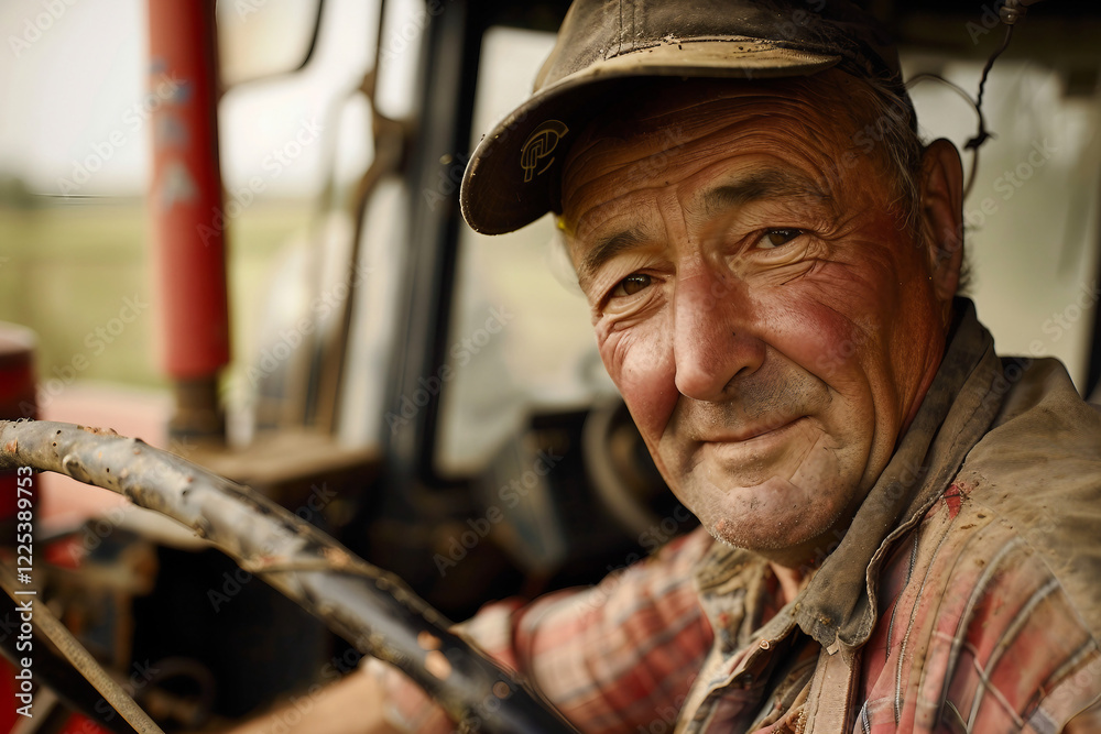 Obraz premium Generative AI Portrait of Male Farmer in Rural Environment with Agricultural Machines Ranch Harvesting Work